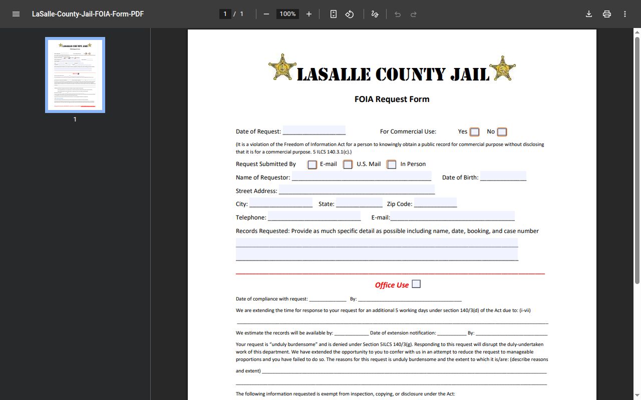 LaSalle County Jail FOIA form fields and email instructions