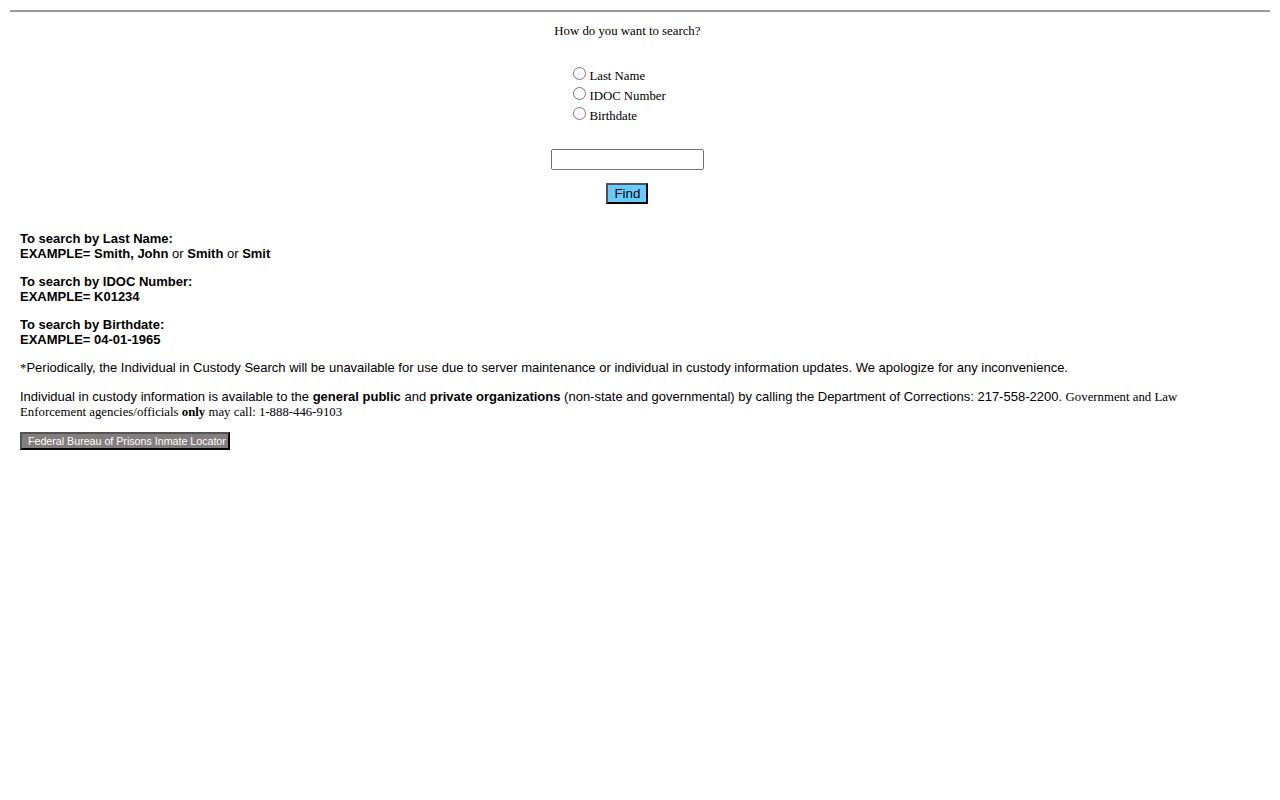 Illinois Department of Corrections search fields for name IDOC number and birth date