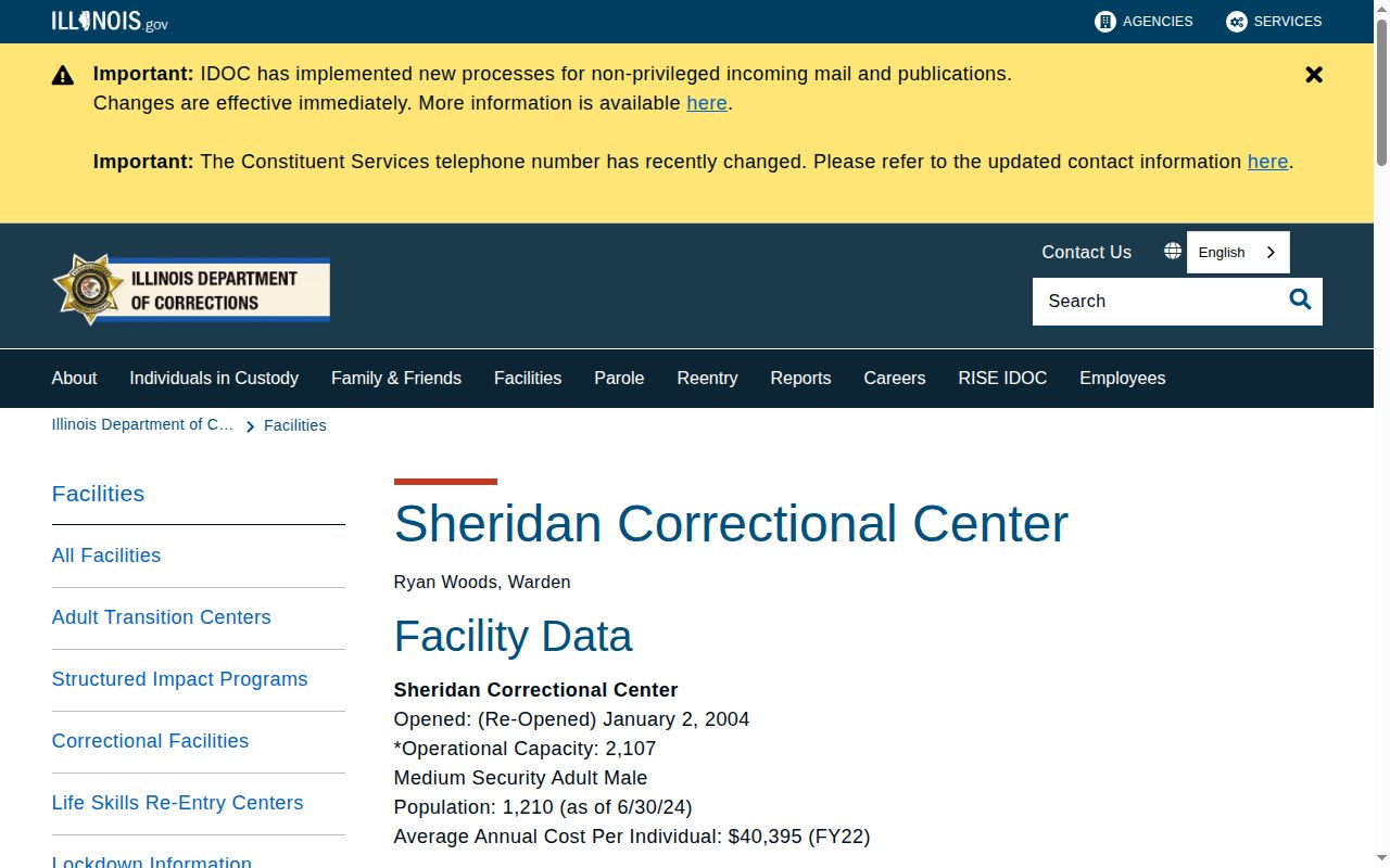 Official IDOC Sheridan Correctional Center identity and contact page